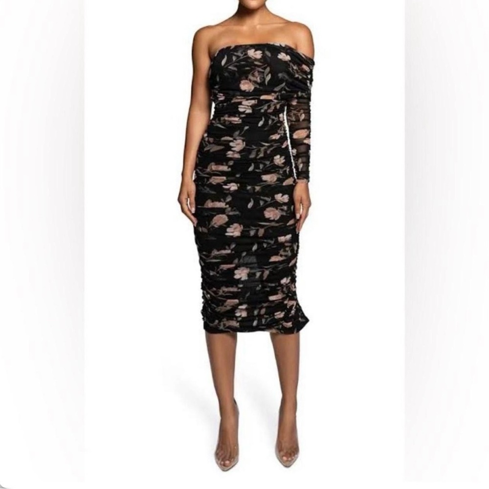 JLUXLABEL One-Shoulder Black Floral Ruched Midi Dress